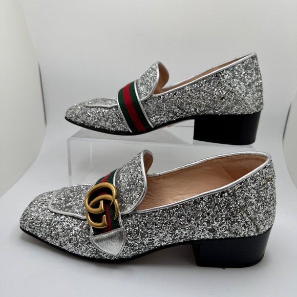 Gucci GG Marmont Web Peyton Loafers Coarse Glitter Metallic Silver Women’s US 35 - Picture 8 of 15